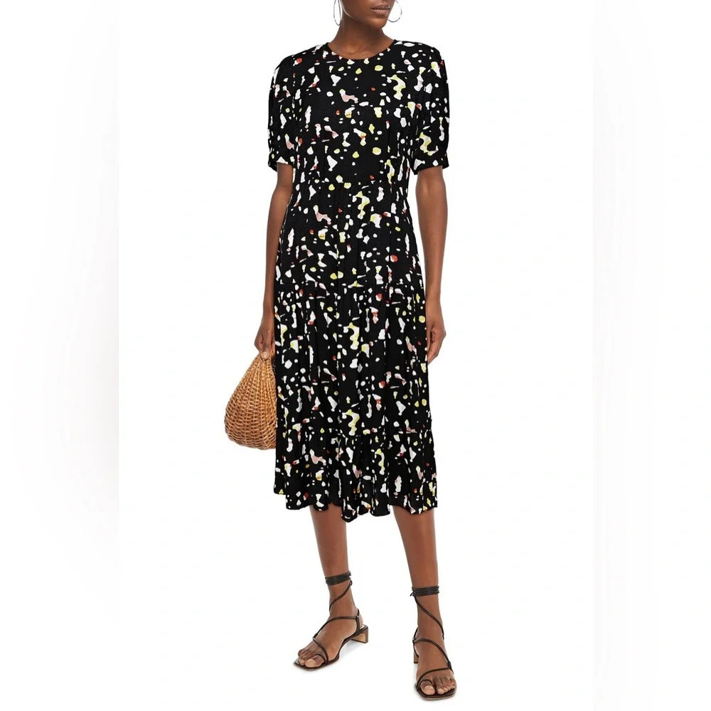 Ba&sh Tonya Gathered Printed Satin Jacquard Midi Dress in Black Spotted Size 2 - Picture 4 of 12